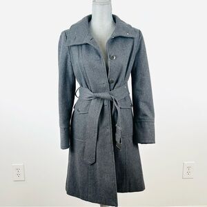 Kenneth Cole Wool Blend Gray Belted Trench Coat SZ 6 Chic Classic Pockets